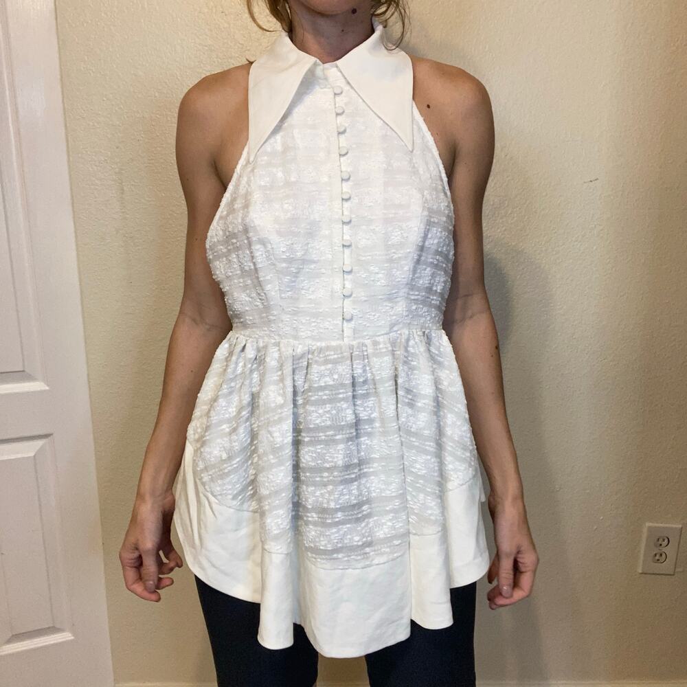 C/MEO COLLECTIVE Lie Awake Top Ivory Halter Peplum Button Front Collar Small NWT